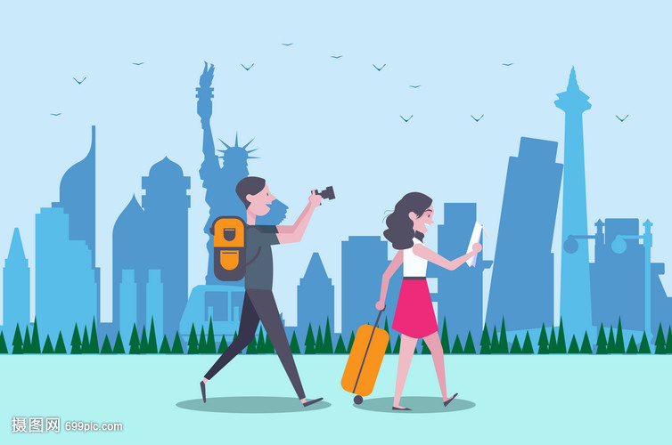 情侣国外旅行旅游扁平插画